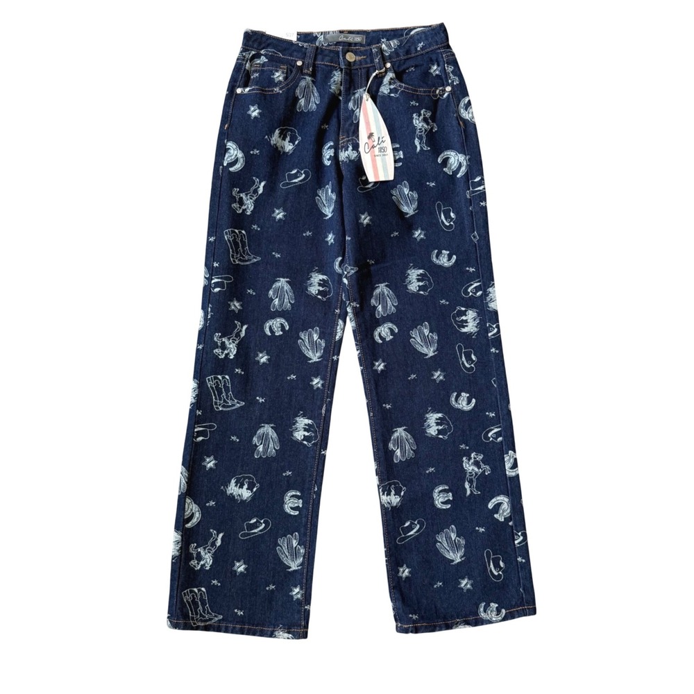 NWT Cali 1850 Western Graphic Print High Rise Straight Leg Jeans Blue Size 5/27 - Picture 4 of 10